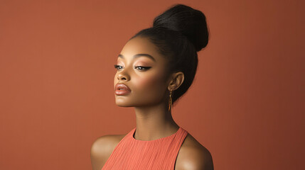 A woman with a dark complexion and a ponytail is standing in front of a yellow background.