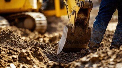 Fototapeta premium A close-up of a construction worker operating heavy machinery to excavate soil for a commercial building basement, Commercial building excavation scene, Earthmoving operation style