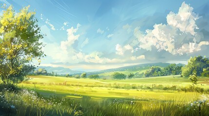 Naklejka premium A painting of a path winding through a field with a forest and mountains in the background.