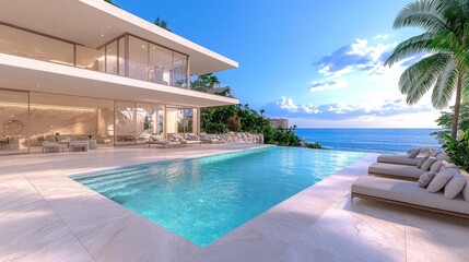 Obraz premium Modern Luxury Villa with Pool Overlooking the Ocean on Isolated White Background. Generative AI