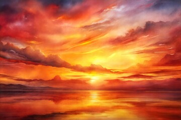 Vivid sunset over still lake watercolor texture