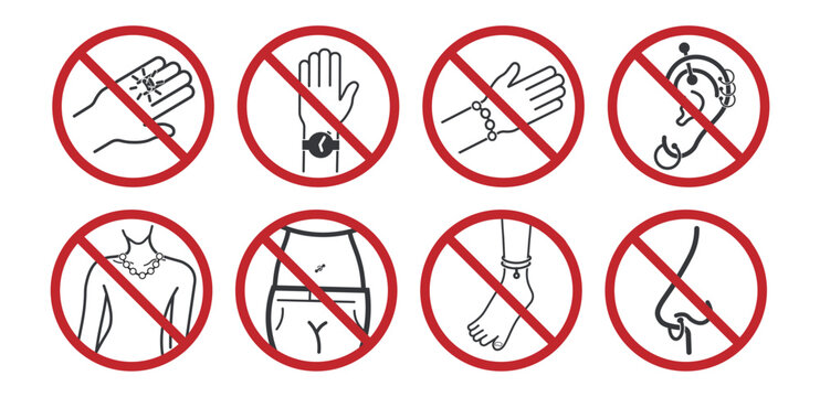 Bundle prohibitin sign, do not wear jewel, ring, watch, bracelet, piercings, necklace, for safety and security label