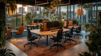 Fototapeta premium Modern office workspace with plants and natural light in cityscape