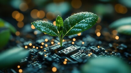 A digital sustainability visualization showing a sprout growing from a circuit with soft ambient light