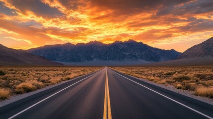 Fototapeta premium Desert highway sunset; majestic mountains; travel