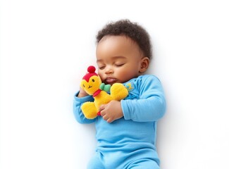 Top-view photograph of a sleeping newborn baby girl, wrapped in light purple and mint-colored fabrics and adorned 