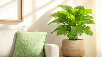 Modern living room with a plant in a basket and a green cushion on a sofa. Generative AI