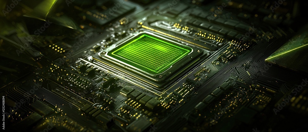 Poster futuristic circuit board with glowing green traces under soft light in a high-tech environment