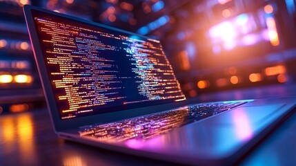 Glowing Laptop Display with Code and Data Processing Background. Generative AI