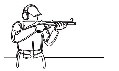 One continuous single drawing black line art doodle of shooter is shooting sport outline vector illustration on white background