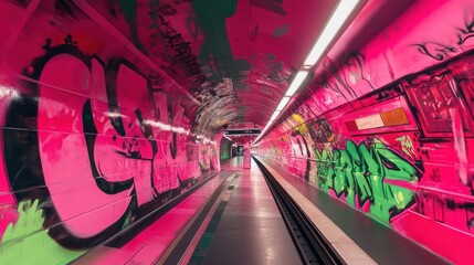 Obraz premium Pink graffiti subway tunnel, platform, city transit
