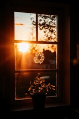 Window sill plant lit by sunset promoting environmental recycling consciousness