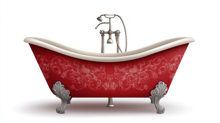 Red clawfoot bathtub with ornate design, isolated on white background