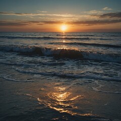 Obraz premium A serene sunset over a calm ocean, waves gently lapping the shore.