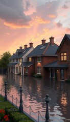 Fototapeta premium flooding houses rendering 3d house disaster flood water damage home nature limit speed storm tree hurricane cloud destruction evacuation green path rain car rising scene severe weather natural
