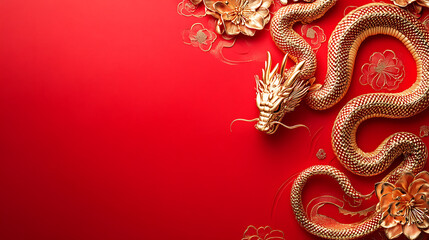 Golden Dragon and Flowers on Red Background