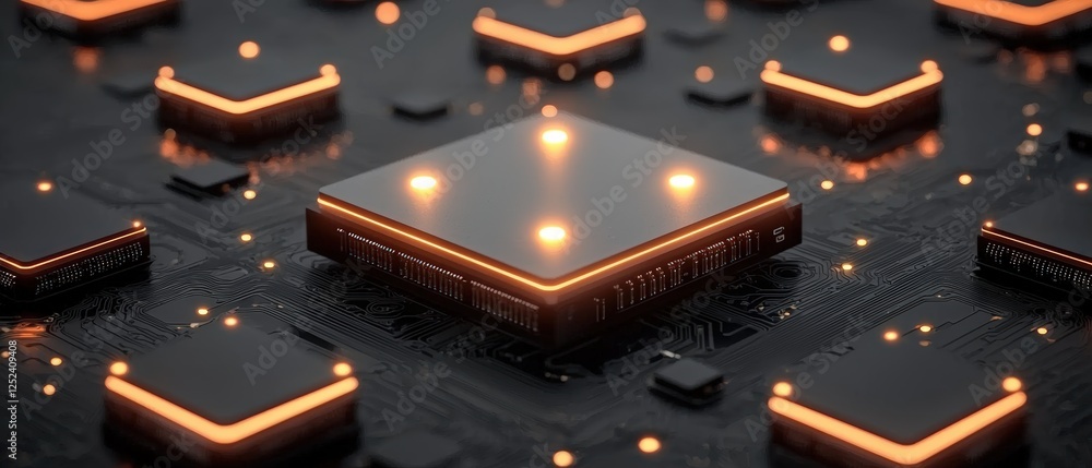 Poster futuristic circuit board with glowing orange components in a high-tech environment