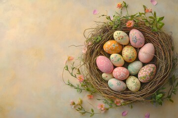 Pastel Easter eggs in nest, spring flowers, beige background; greeting card