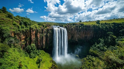 Majestic waterfall cascading down cliffs, lush green landscape, sunny sky, nature background; ideal for travel brochures
