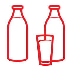 Minimalistic red line art illustration of two milk bottles and a glass, emphasizing dairy and beverages. Perfect for branding, labels, and design projects.
