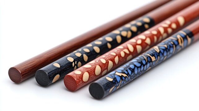 Decorative wooden chopsticks, close-up, white background, patterned ends