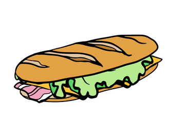 panini or sandwich sketch doodle Vector outline illustration with bacon, lettuce, cheese. Hand drawing Restaurant business concept for poster, flyer, card, menu, banner, coloring book.