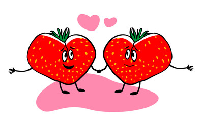 Cute cartoon strawberries with faces holding hands, expressing love and friendship. Heart shapes and pink accents make it perfect for Valentine’s or romantic themes