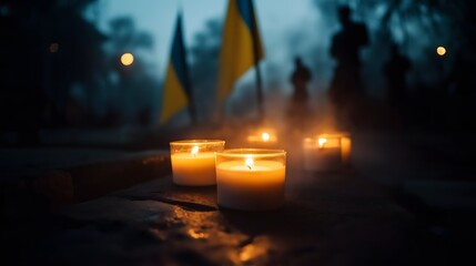 Candles glow in remembrance, illuminating a dark scene with blurred Ukrainian flags and figures. The scene captures a solemn moment of mourning and solidarity.