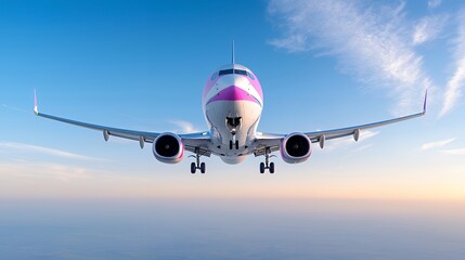Naklejka premium Airplane landing, sunset sky, clouds, travel
