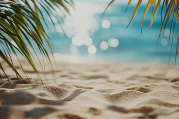 Tropical Beach Background with Sand and Palm Leaves, Summer Banner Template with Copy Space, Generative AI