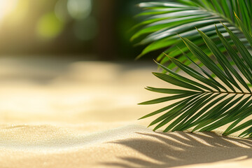 Close-up View of Sand and Palm Leaves, Perfect for Summer Vacation Banners, Generative AI