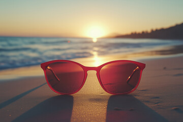 Red Sunglasses on a Beach at Sunset, Summer Vacation with Ocean Waves and Serene Atmosphere, Generative AI
