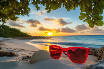 Red Sunglasses on a Beach at Sunset, Summer Vacation with Ocean Waves and Serene Atmosphere, Generative AI