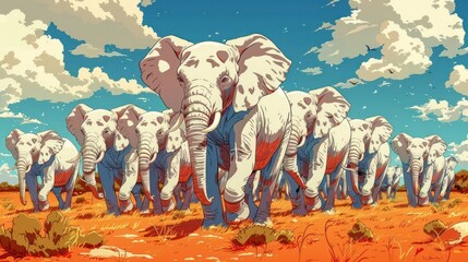 A stylized illustration of a herd of elephants walking through a vibrant landscape.
