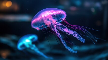 Obraz premium Glowing jellyfish aquarium, underwater scene, blurred background, marine life
