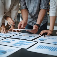 The image shows three people working together at a table with various papers and graphs in front of them. The person in the center holds a tablet, analyzing data, while the other two look at the table