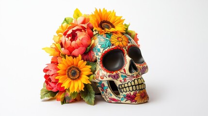 Colorful Sugar Skull with Flowers, Day of the Dead, Studio Shot, Festive Background