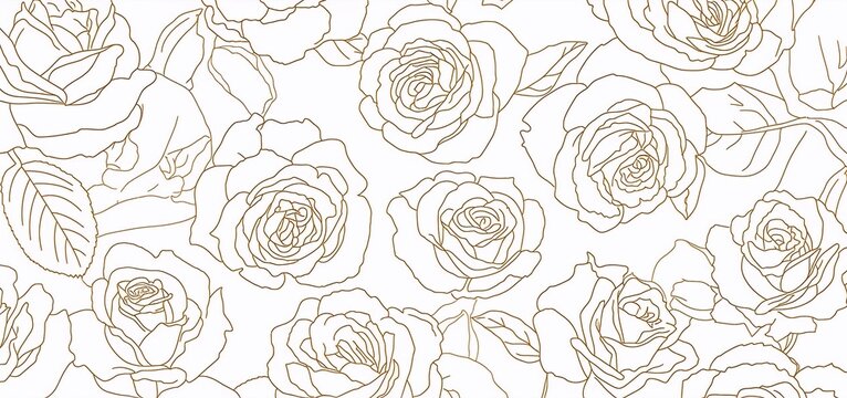Abstract seamless pattern featuring rose flower outlines with golden lines on a white background, designed for wedding invitations, packaging, or elegant wallpaper. Vector illustration.