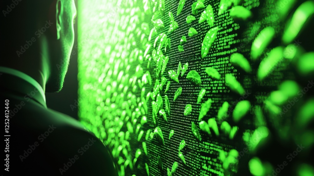 Aufkleber man in suit gazing at digital wall of green data representing technology and cyber security concept