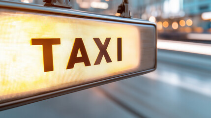 Close-up of a bright taxi sign illuminating a bustling urban scene, symbolizing city life and transportation. taxi stop sign