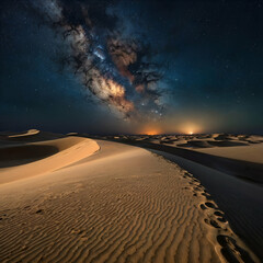 A mesmerizing view of a star-filled night sky over a vast desert landscape, with smooth sand dunes creating elegant curves, illuminated by moonlight.
