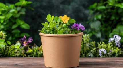 Pot with a plant on a table next to a disposable cardboard coffee cup in an ecofriendly setting