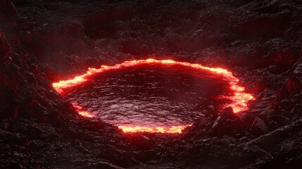 Crimson Hued Lava Lake on an Exposed Rocky Surface at Nighttime