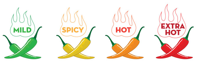 Set illustration of four levels of chili spiciness: mild, spicy, hot, and extra hot. Each level is symbolized by chili peppers in different colors (green, yellow, orange, and red) with flame icons to