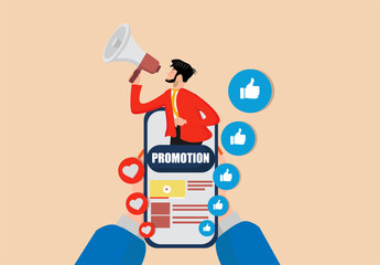 Promotional media, a man holds a megaphone right at the target smartphone screen for promotion on social media.