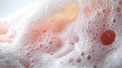 Fototapeta premium Pink and white soap foam with bubbles captured in a macro close-up under bright light for hygiene and skincare concepts.