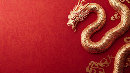 Golden Dragon on Red Floral Background