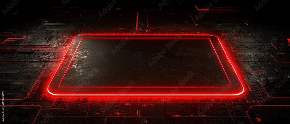 Poster glowing circuit board with bright red lines on dark background for futuristic technology concepts