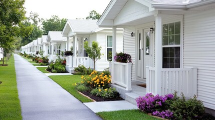 Row of white houses, landscaped walkway, green trees.  Retirement community lifestyle