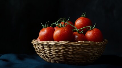 Fresh tomatoes in a wicker basket, dark background. Rustic kitchen theme